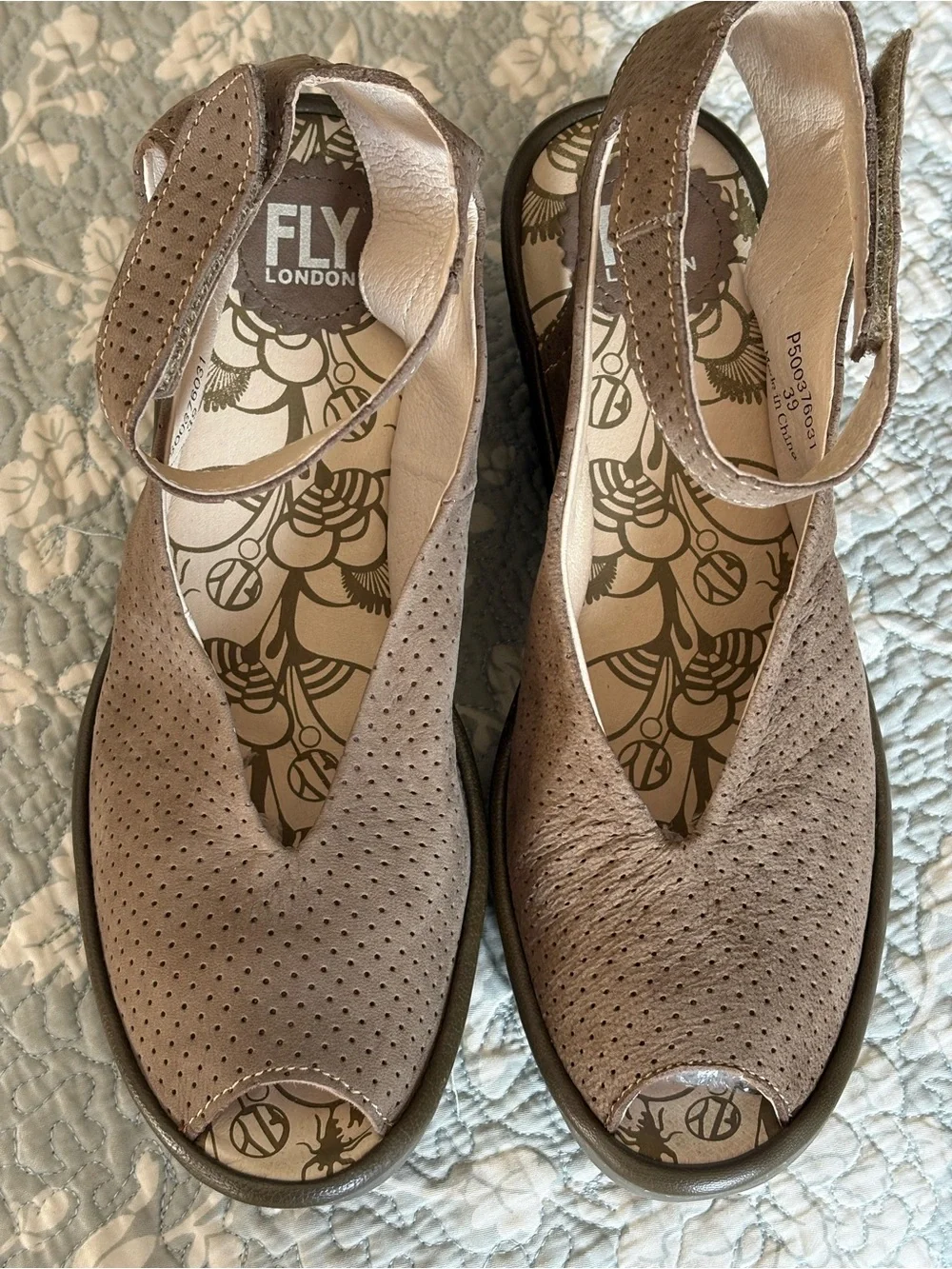 Fly London Yala Perf Platform Wedge Peep-Toe Ankle Strap Sandal - Taupe 39(8.5)